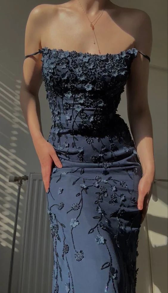 Vintage Navy Blue Spaghetti Straps Prom Dresses Mermaid Prom Dresses Main image