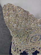 Vintage Navy Blue Sweetheart Neck Lace Rhinestone-Embellished Tulle Long Formal Prom Dress