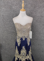 Vintage Navy Blue Sweetheart Neck Lace Rhinestone-Embellished Tulle Long Formal Prom Dress