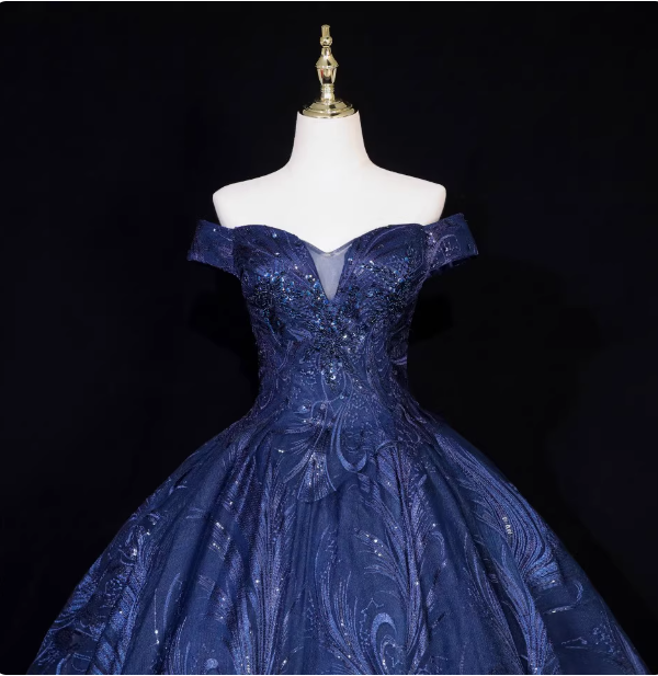 Vintage Navy Blue Off-The-Shoulder Beaded Embroidered Tulle Formal Prom Dress Secondary image