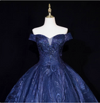 Vintage Navy Blue Off-The-Shoulder Beaded Embroidered Tulle Formal Prom Dress