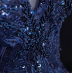 Vintage Navy Blue Off-The-Shoulder Beaded Embroidered Tulle Formal Prom Dress