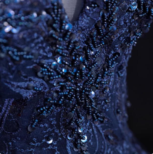 Vintage Navy Blue Off-The-Shoulder Beaded Embroidered Tulle Formal Prom Dress