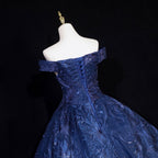 Vintage Navy Blue Off-The-Shoulder Beaded Embroidered Tulle Formal Prom Dress