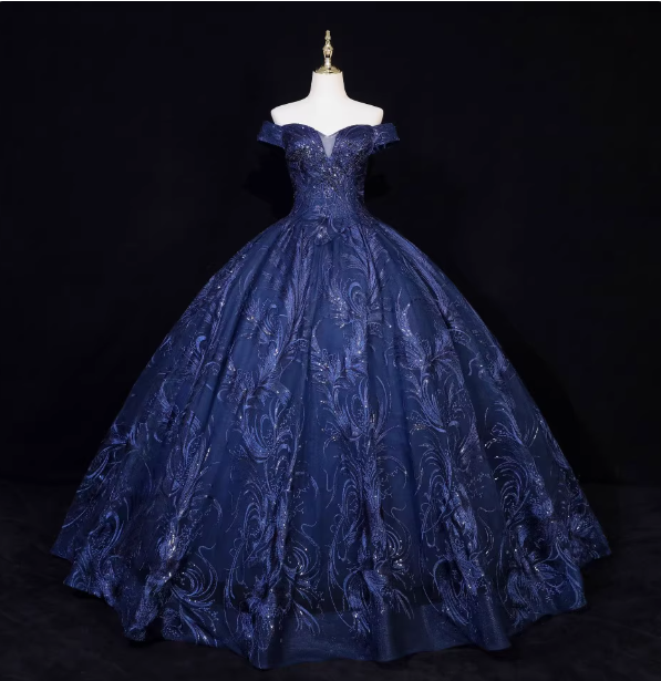Vintage Navy Blue Off-The-Shoulder Beaded Embroidered Tulle Formal Prom Dress Main image