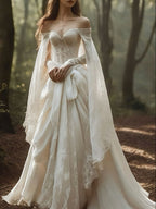 Vintage Off The Shoulder Ivory Lace Wedding Dress