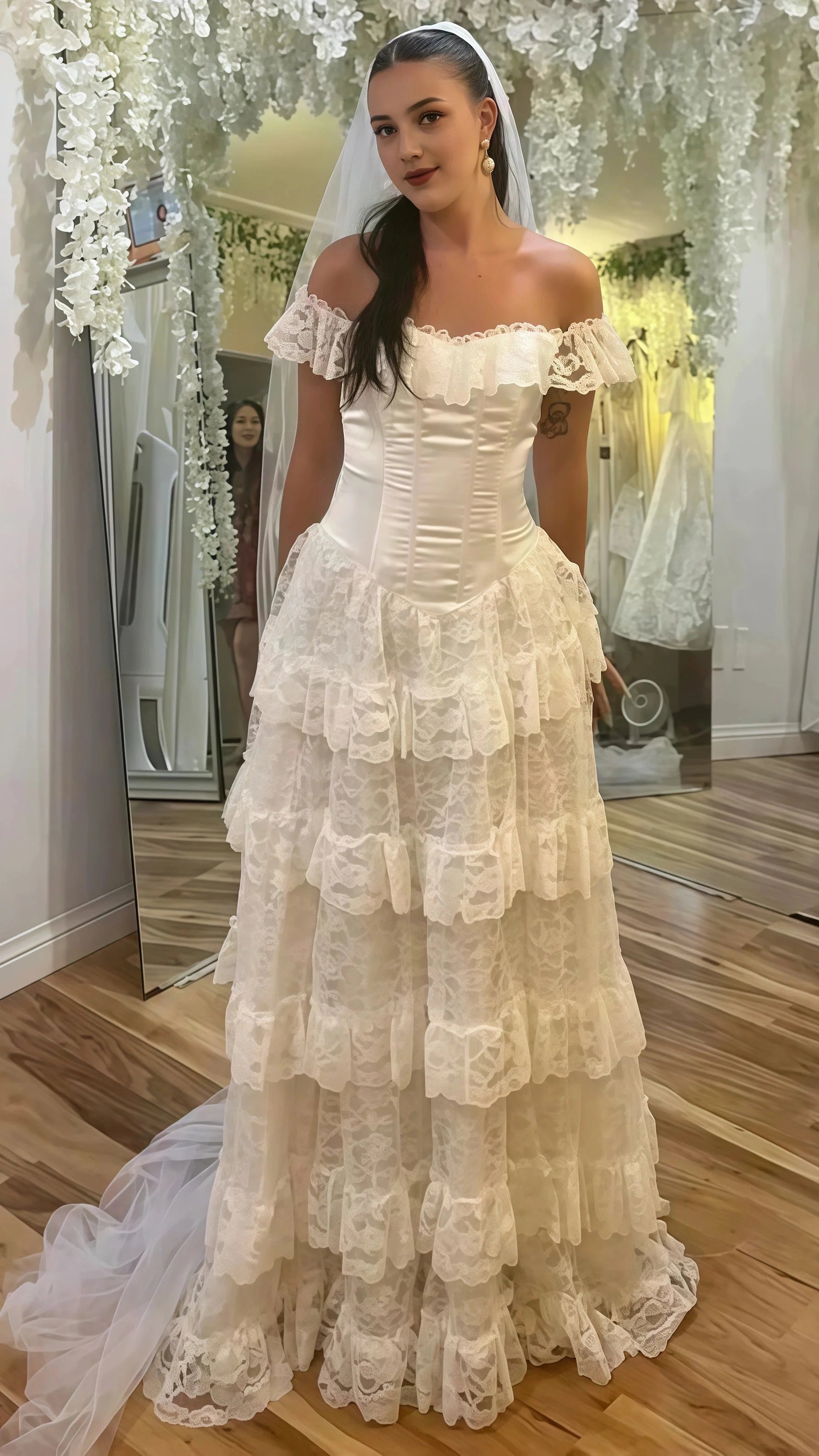 Vintage Off White Lace Wedding Dresses, Ruffle Floor Length Bridal Dress Main image