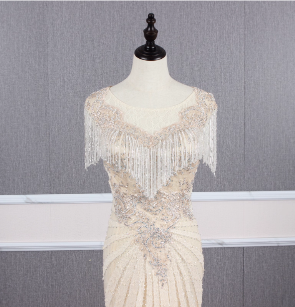 Vintage Off-White Mermaid Crew Neck Fringed Beaded Lace Train Formal Prom Dress Secondary image