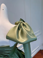 Vintage Olive Green A-Line Bow Strap Satin Tea-Length Formal Prom Dress