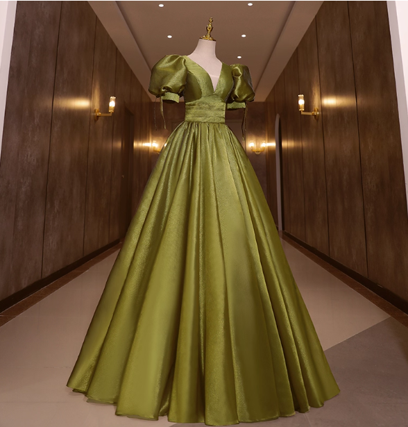 Vintage Olive Green Deep V-Neck Puff Sleeve Satin Long Formal Prom Dress