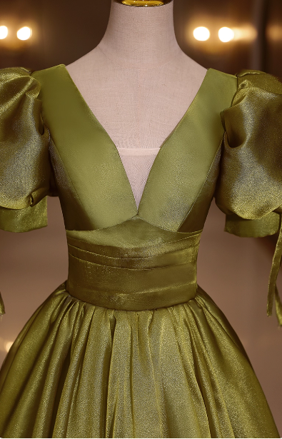 Vintage Olive Green Deep V-Neck Puff Sleeve Satin Long Formal Prom Dress