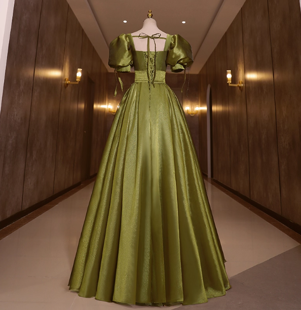 Vintage Olive Green Deep V-Neck Puff Sleeve Satin Long Formal Prom Dress