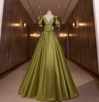 Vintage Olive Green Deep V-Neck Puff Sleeve Satin Long Formal Prom Dress