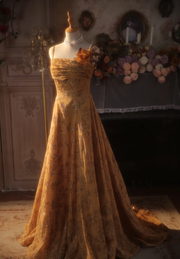 Vintage Orange A-Line Spaghetti Strap Sequined Floral Train Formal Prom Dress Main image