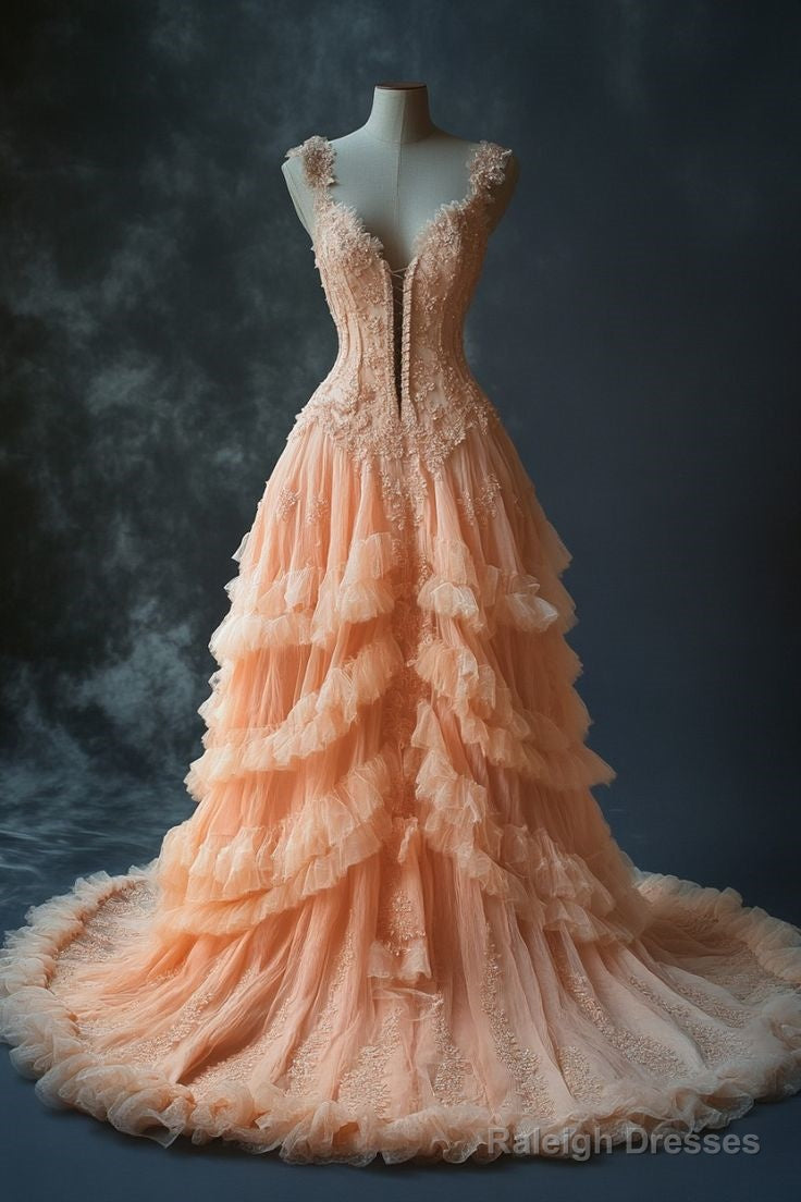 Vintage Pastel Orange Mermaid V-Neck Tulle Applique Prom Dresses Long Sweet Beaded Prom Dresses Secondary image