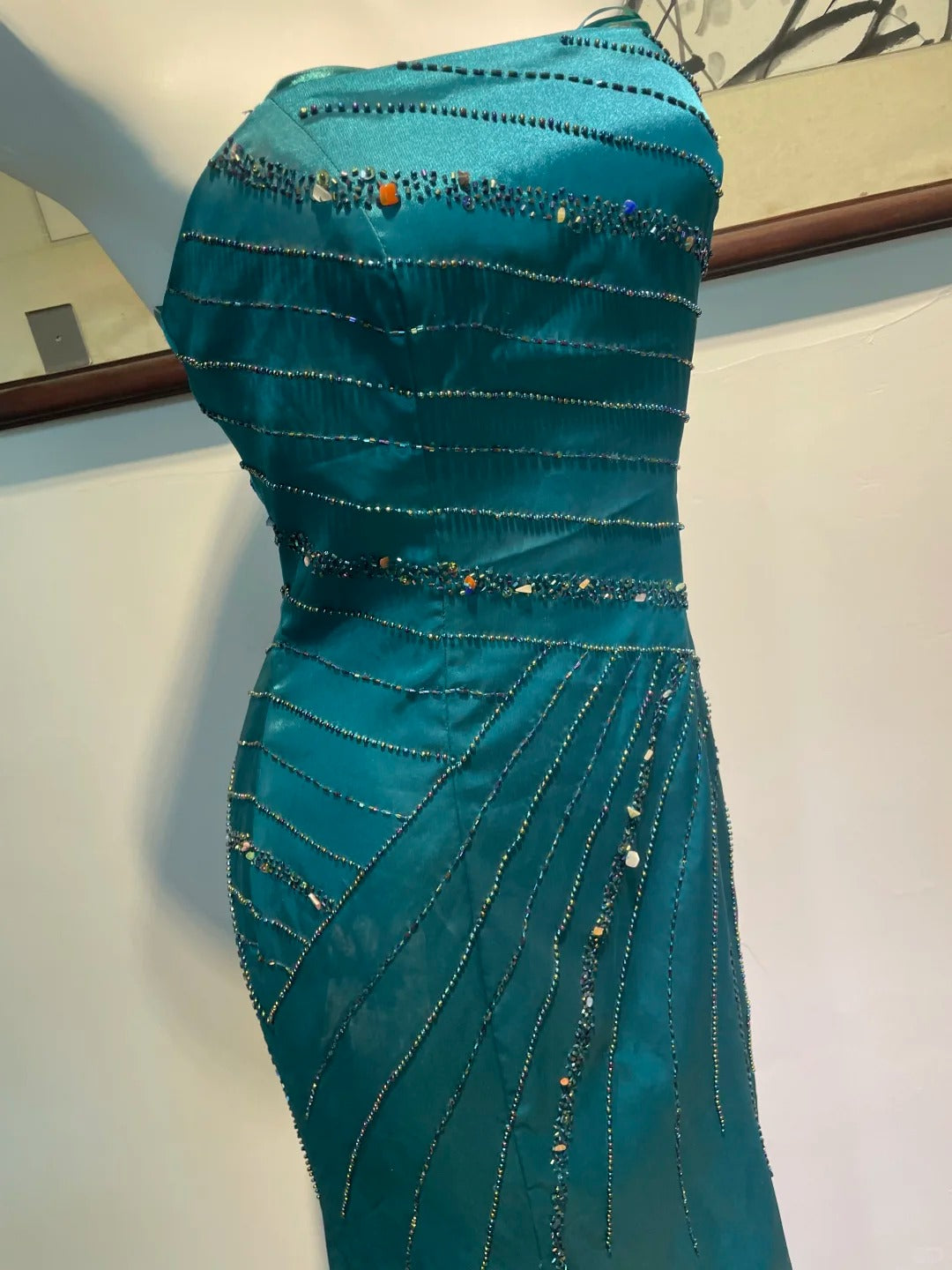 Vintage Peacock Blue Mermaid Strapless Beaded Satin Long Formal Prom Dress