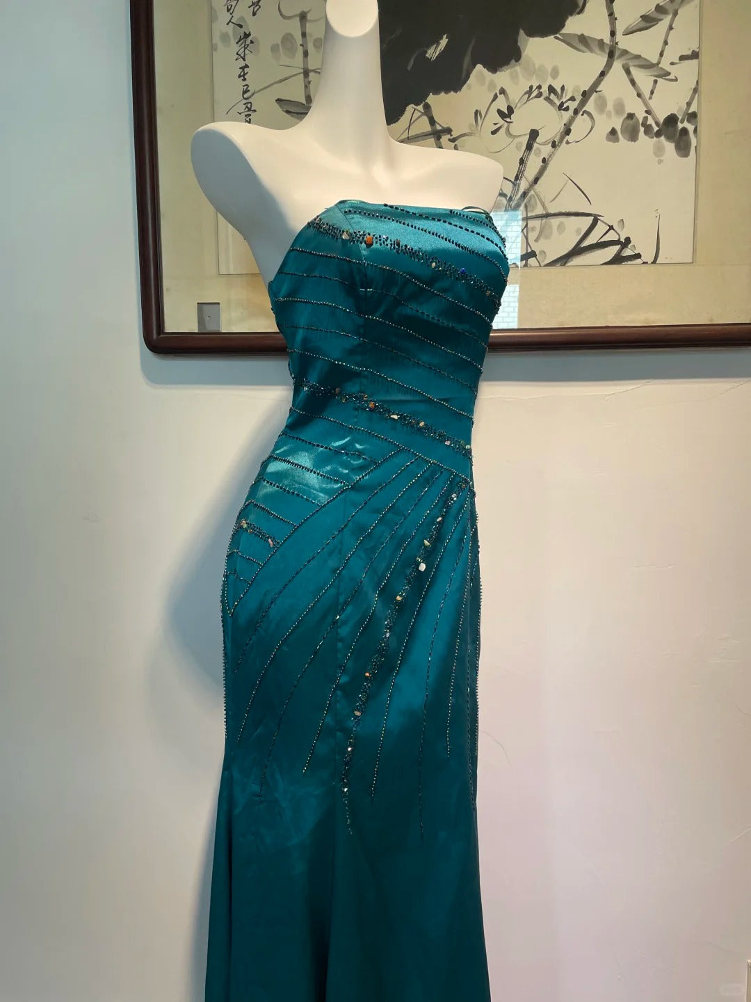 Vintage Peacock Blue Mermaid Strapless Beaded Satin Long Formal Prom Dress