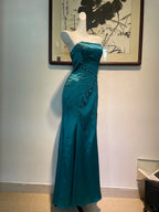 Vintage Peacock Blue Mermaid Strapless Beaded Satin Long Formal Prom Dress