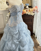 Vintage Princess Light Hazy Blue Strapless Lace Embroidered Tulle Ball Gown Prom Dress