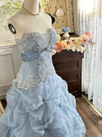 Vintage Princess Light Hazy Blue Strapless Lace Embroidered Tulle Ball Gown Prom Dress
