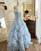 Vintage Princess Light Hazy Blue Strapless Lace Embroidered Tulle Ball Gown Prom Dress