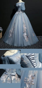 Vintage Princess Off Shoulder Half Sleeve Dusty Blue Appliques Ball Gown Formal Prom Dress