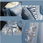 Vintage Princess Off Shoulder Half Sleeve Dusty Blue Appliques Ball Gown Formal Prom Dress