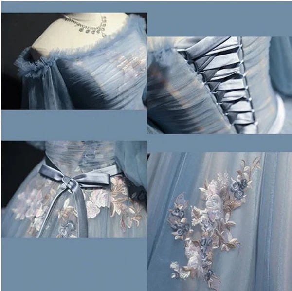 Vintage Princess Off Shoulder Half Sleeve Dusty Blue Appliques Ball Gown Formal Prom Dress