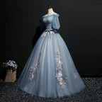Vintage Princess Off Shoulder Half Sleeve Dusty Blue Appliques Ball Gown Formal Prom Dress