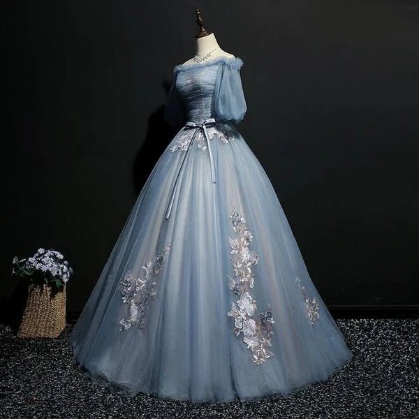 Vintage Princess Off Shoulder Half Sleeve Dusty Blue Appliques Ball Gown Formal Prom Dress