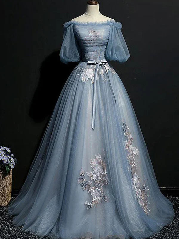Vintage Princess Off Shoulder Half Sleeve Dusty Blue Appliques Ball Gown Formal Prom Dress Main image
