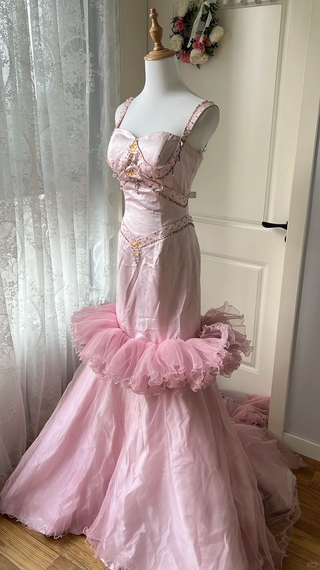 Vintage Princess Pink Mermaid Satin Tulle Train Formal Prom Dress Secondary image