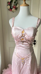 Vintage Princess Pink Mermaid Satin Tulle Train Formal Prom Dress