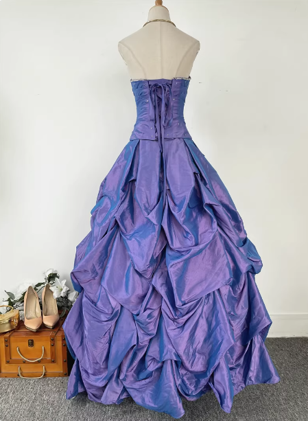 Vintage Princess Purple-Blue Sweetheart Neck Satin Ruched Long Ball Gown Prom Dress Secondary image