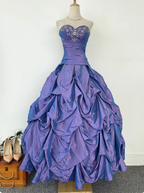 Vintage Princess Purple-Blue Sweetheart Neck Satin Ruched Long Ball Gown Prom Dress