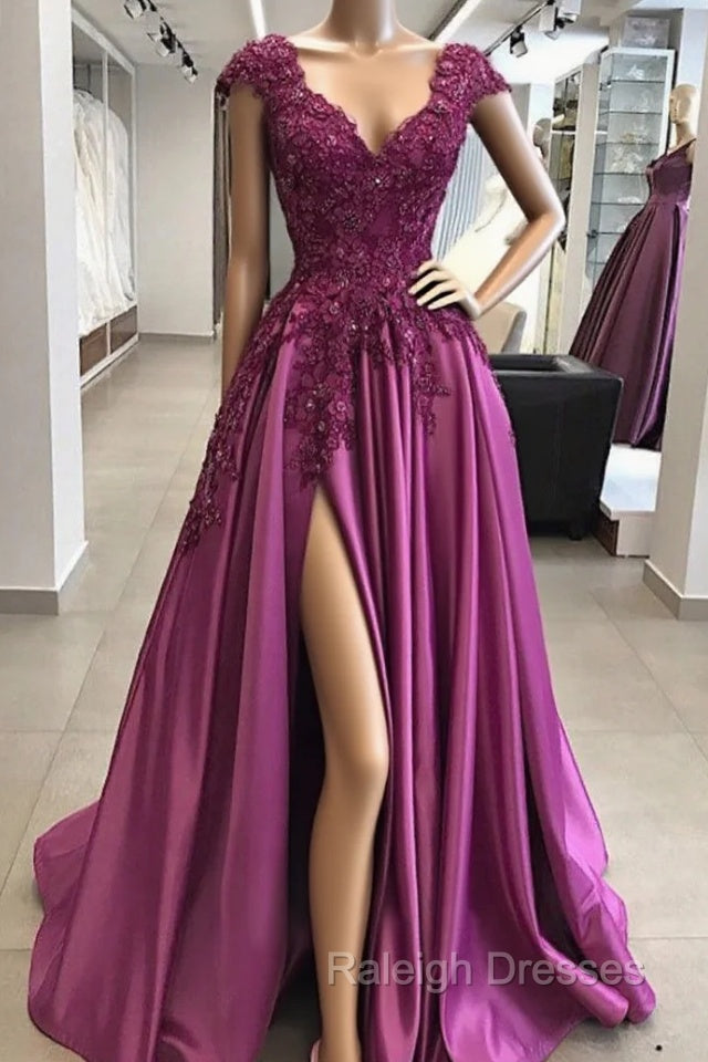 Vintage Prom Dresses 90S, A-line/Princess V Neck Sleeveless Long/Floor-Length Satin Prom Dress with Appliqued Beading Split Main image