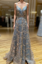 Vintage Prom Dresses 90S, A-line V Neck Sleeveless Sweep Train Tulle Satin Prom Dress With Appliqued Split