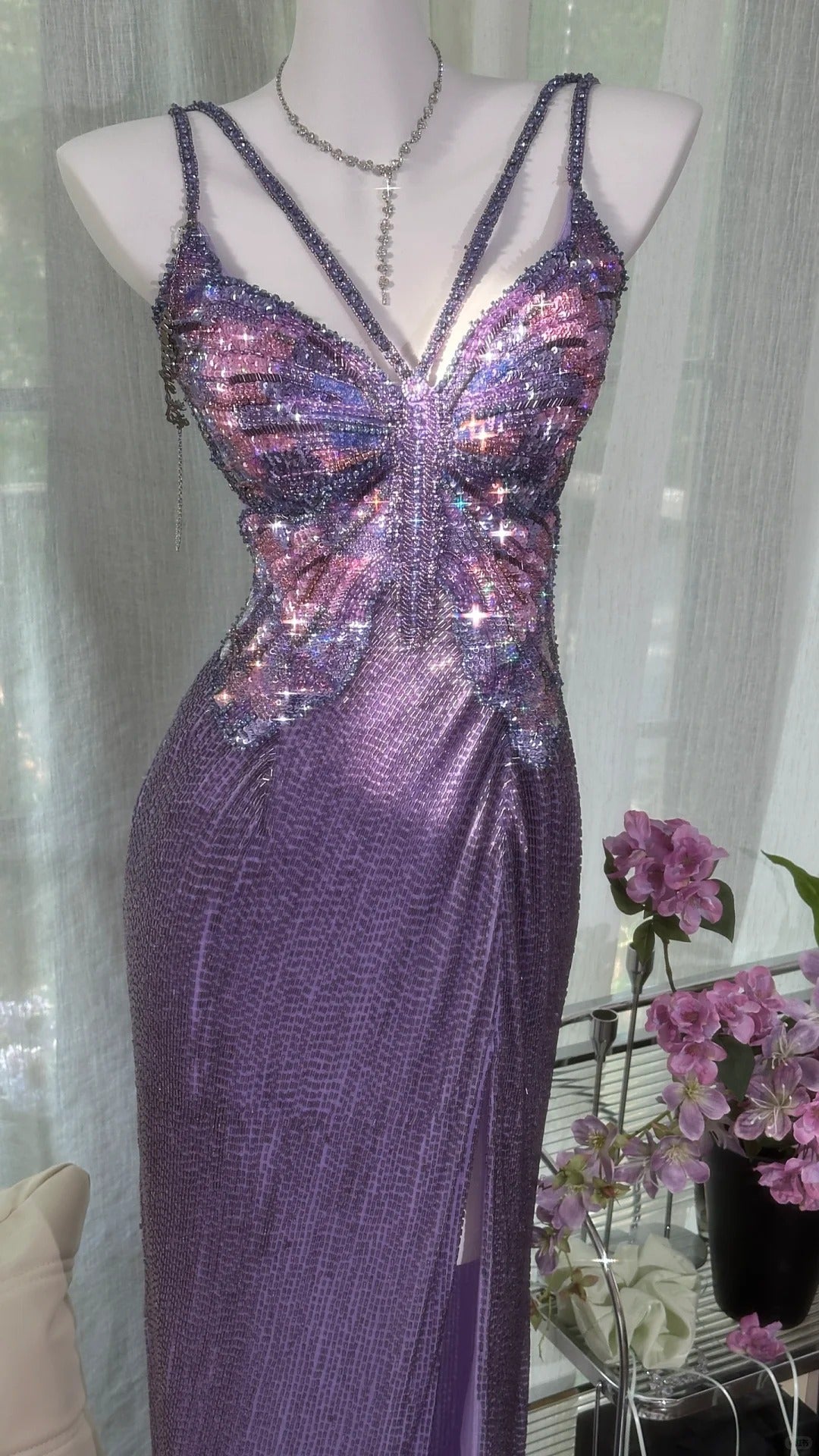 Vintage Purple Strap Chiffon Halter Back High Slit Beaded Evening Gown Prom Dress