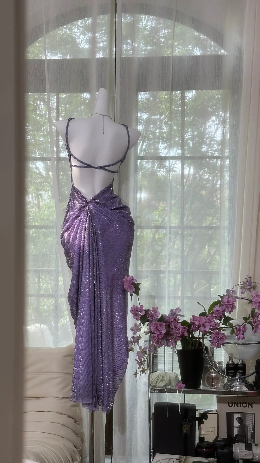 Vintage Purple Strap Chiffon Halter Back High Slit Beaded Evening Gown Prom Dress