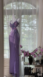 Vintage Purple Strap Chiffon Halter Back High Slit Beaded Evening Gown Prom Dress