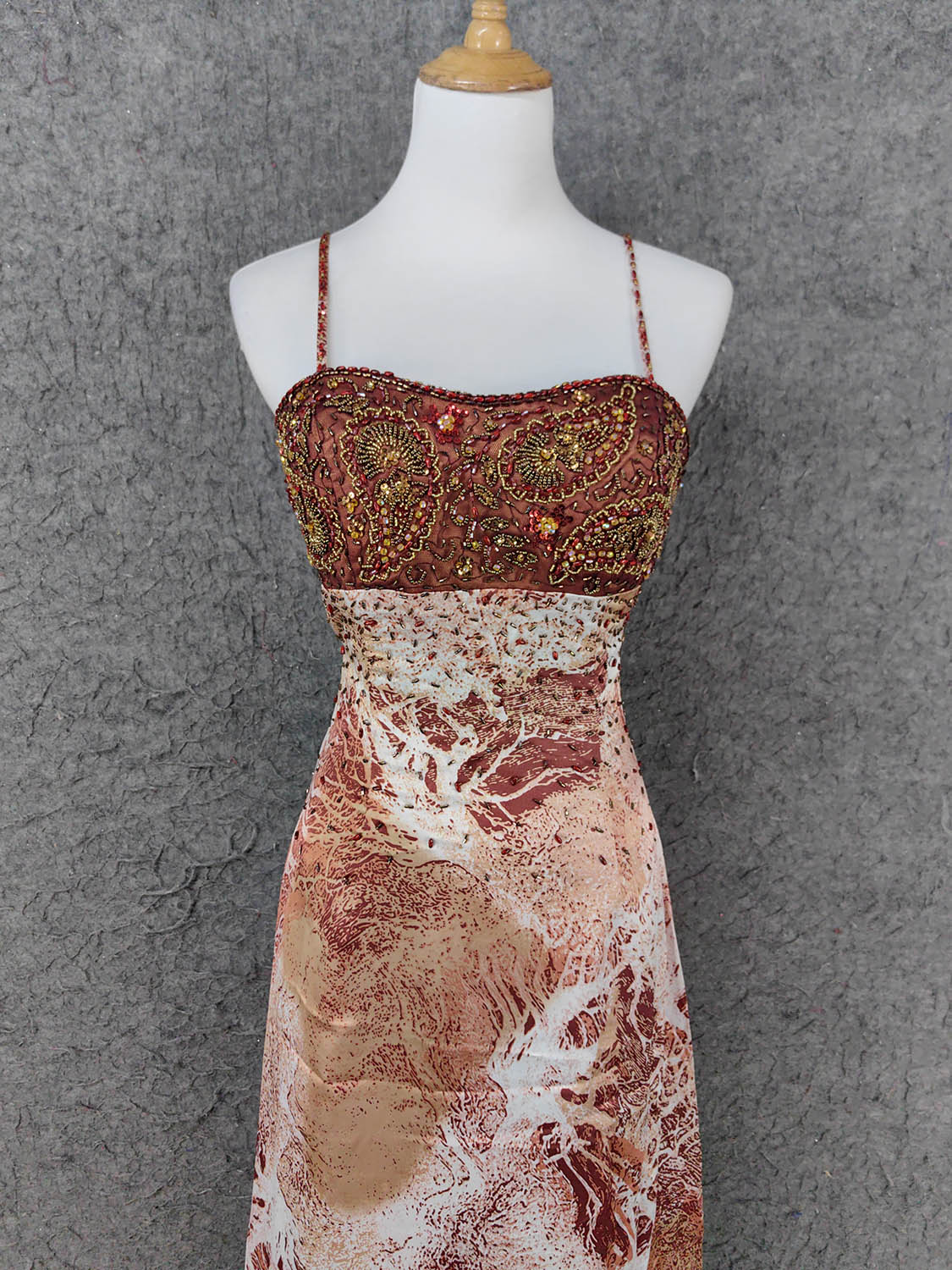 Vintage Red-Brown Gilded Gradient Spaghetti Strap Beaded Satin Long Formal Prom Dress Secondary image