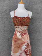 Vintage Red-Brown Gilded Gradient Spaghetti Strap Beaded Satin Long Formal Prom Dress