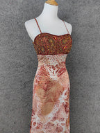Vintage Red-Brown Gilded Gradient Spaghetti Strap Beaded Satin Long Formal Prom Dress
