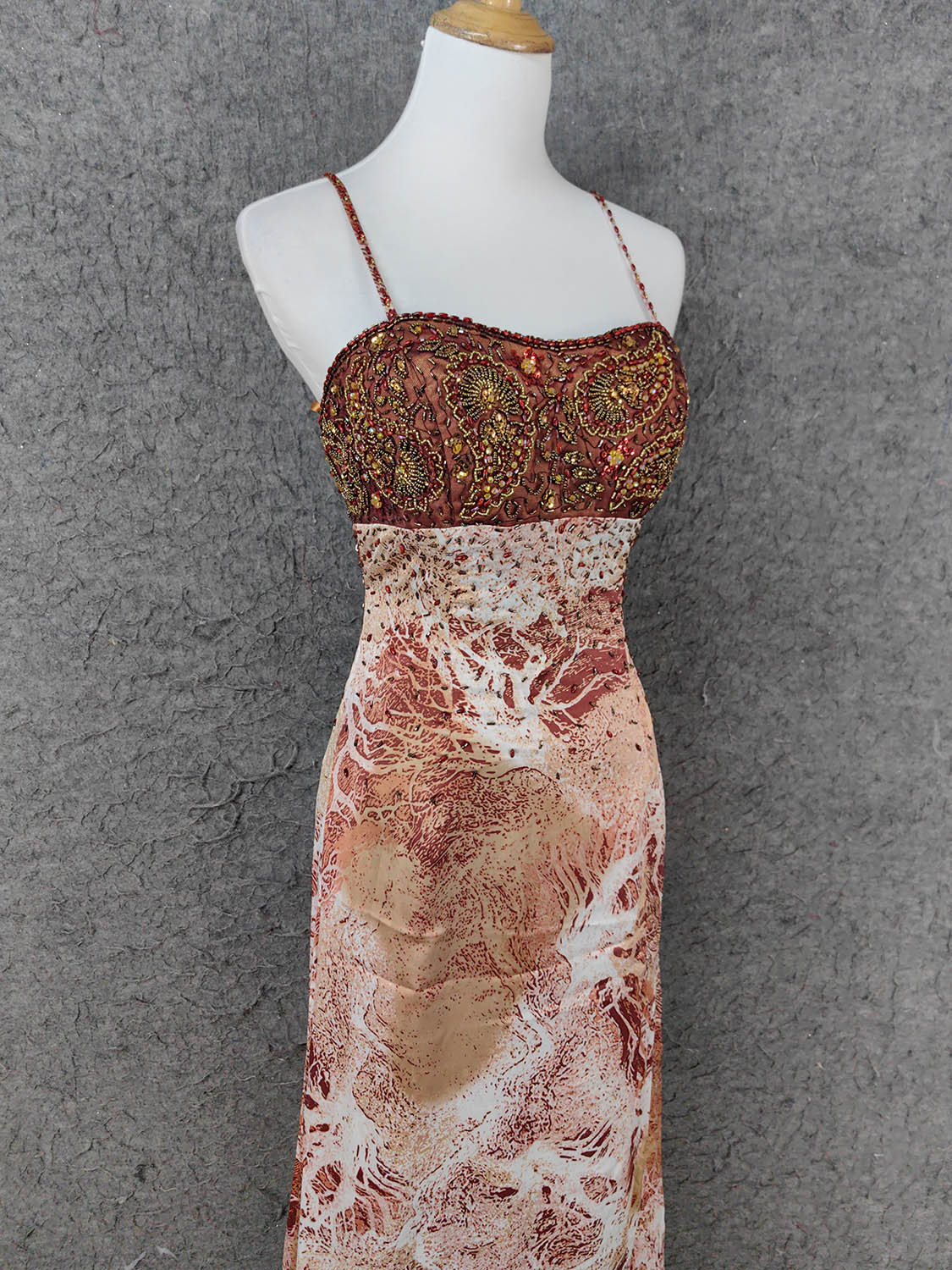 Vintage Red-Brown Gilded Gradient Spaghetti Strap Beaded Satin Long Formal Prom Dress