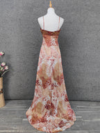 Vintage Red-Brown Gilded Gradient Spaghetti Strap Beaded Satin Long Formal Prom Dress