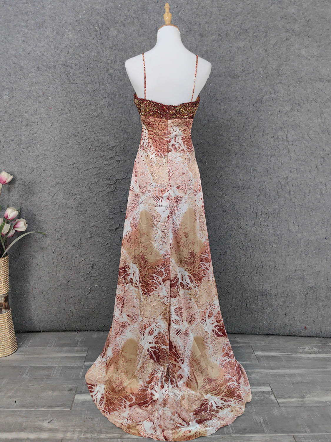 Vintage Red-Brown Gilded Gradient Spaghetti Strap Beaded Satin Long Formal Prom Dress