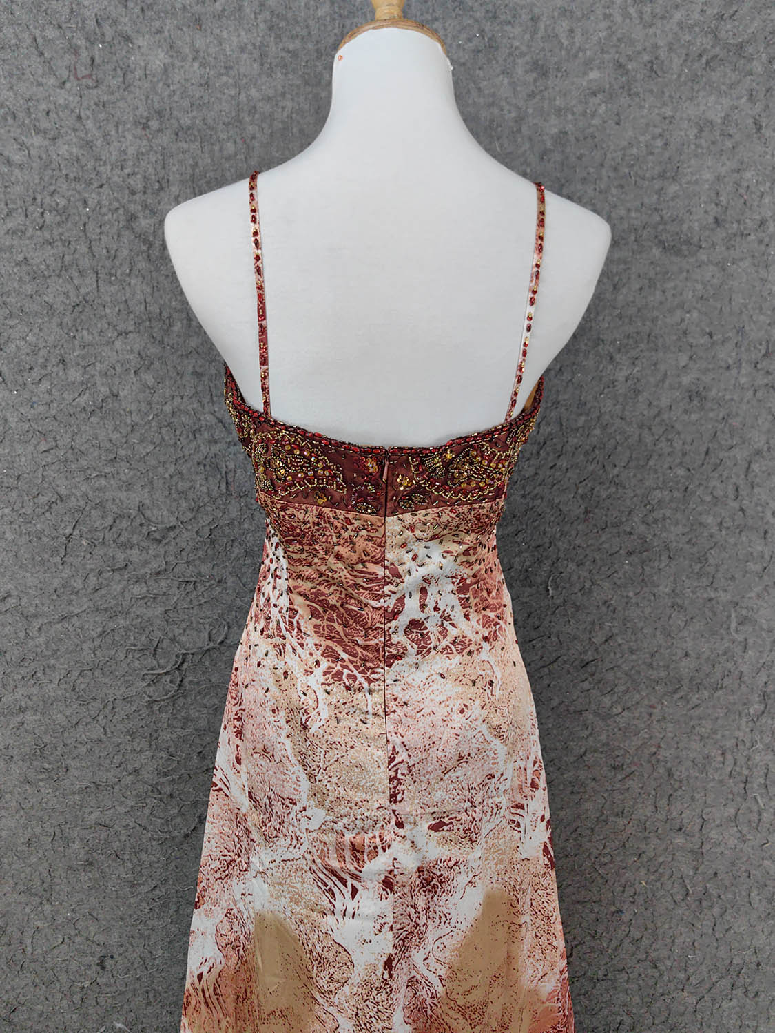 Vintage Red-Brown Gilded Gradient Spaghetti Strap Beaded Satin Long Formal Prom Dress