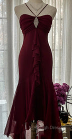 Vintage Red Mermaid Strapless Chiffon Prom Dress Graduation Prom Dress