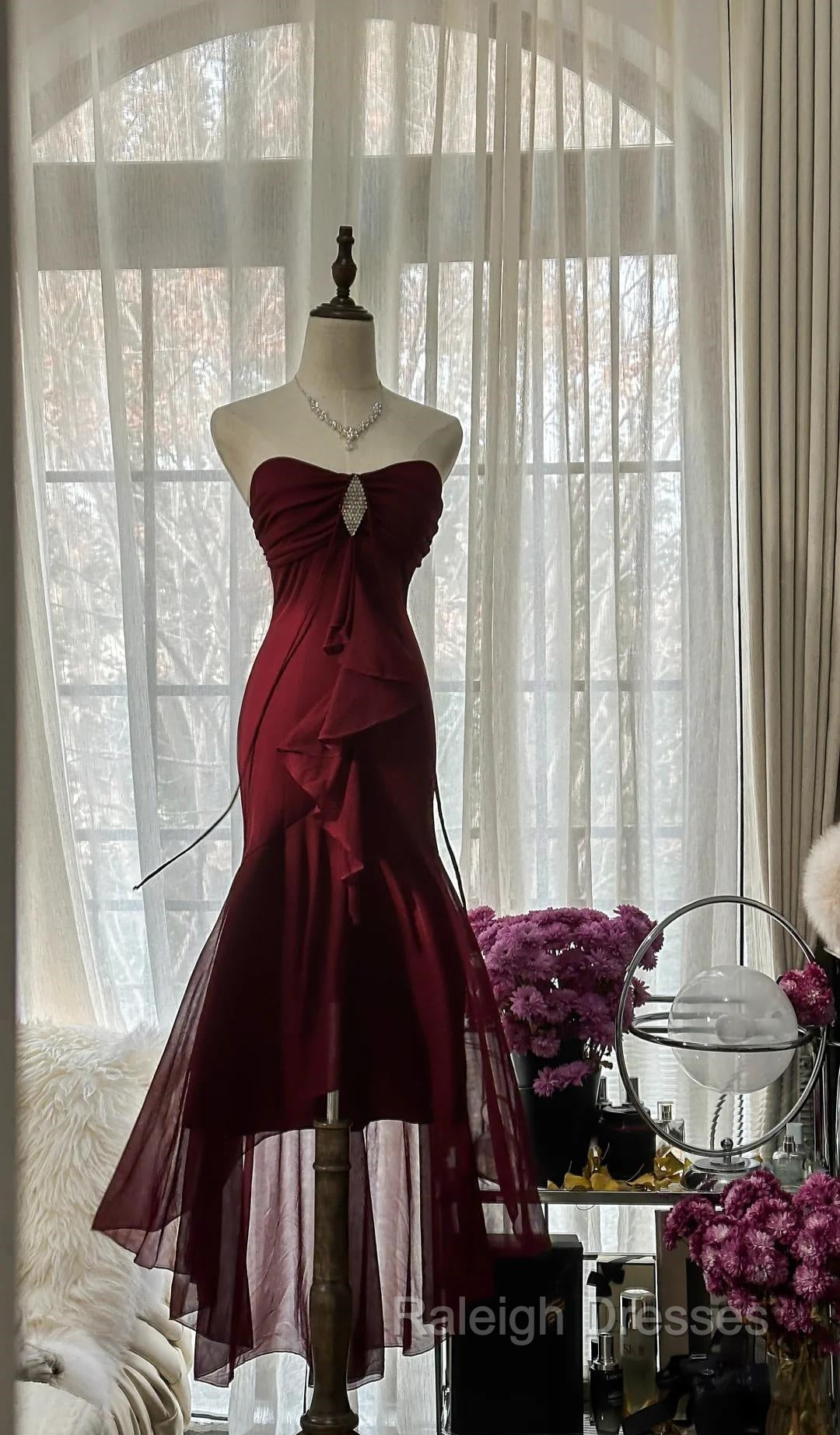 Vintage Red Mermaid Strapless Chiffon Prom Dresses Graduation Prom Dresses