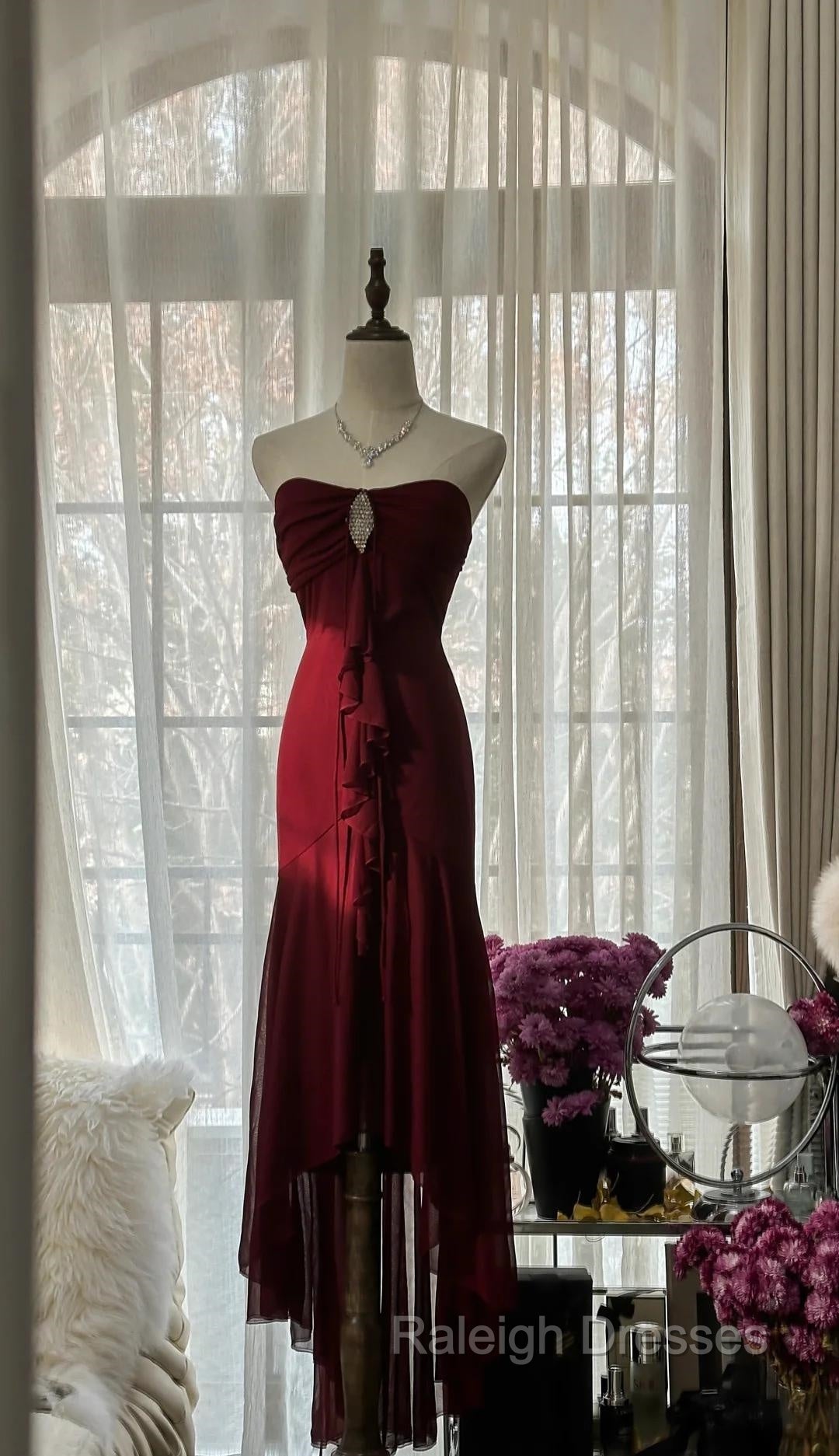 Vintage Red Mermaid Strapless Chiffon Prom Dresses Graduation Prom Dresses